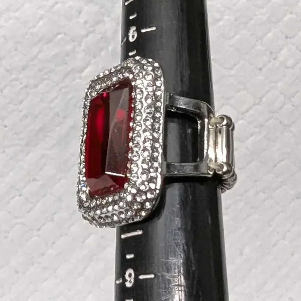 Statement Ring SilverTone‎ Red Clear Rhinestones Stretch Plus Size Square New